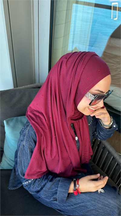 Bordo Taşlı Hazır Penye Şal