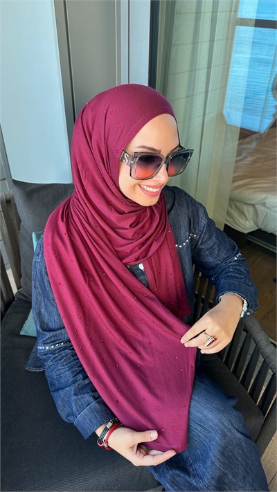 Bordo Taşlı Hazır Penye Şal