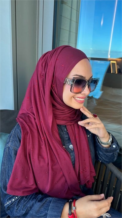 Bordo Taşlı Hazır Penye Şal