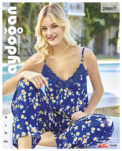 Aydoğan Kadın %100 Viskon İp Askılı Uzun Bacak Mavi Papatya Çiçek Desenli  Pijama Takımı 