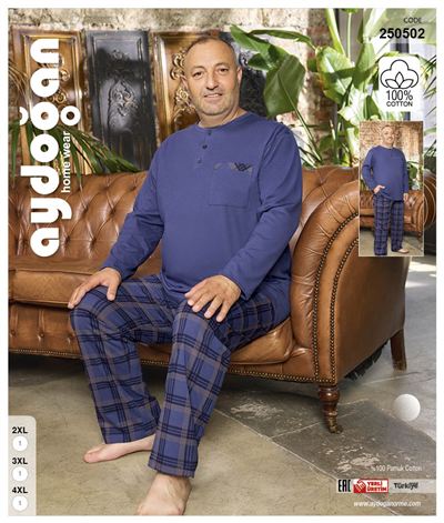Aydoğan Erkek  Ekose Kareli Büyük Beden Lacivert Mavi Uzun Kollu Düz Paça  Pijama Takımı 