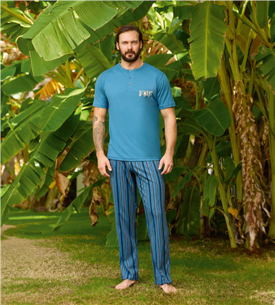 Aydoğan Erkek %100 Pamuk Kısa Kol Mavi Çizgili Düz Paça Pijama Takımı  
