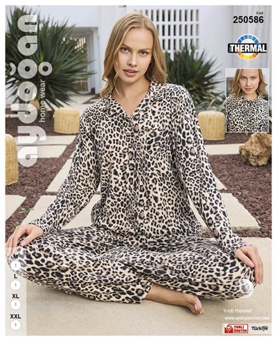 Aydoğan Önden Düğmeli Termal Leopar Kadın Pijama Takımı