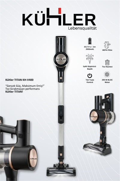 KÜHLER Titan KH-V400 Dikey Şarjlı Süpürge Esnek Borulu Güçlü Emiş Kablosuz