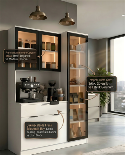 Dream Premium Kahve İstasyonu - Kahve Köşesi ve Mutfak Ünitesi - Beyaz Füme Temperli Camlı LED Modül