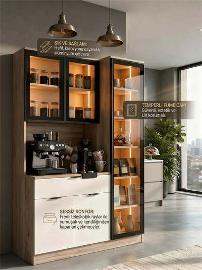 Dream Premium Kahve İstasyonu - Kahve Köşesi ve Mutfak Ünitesi - Safir Meşe Füme Temperli Camlı LED Modül