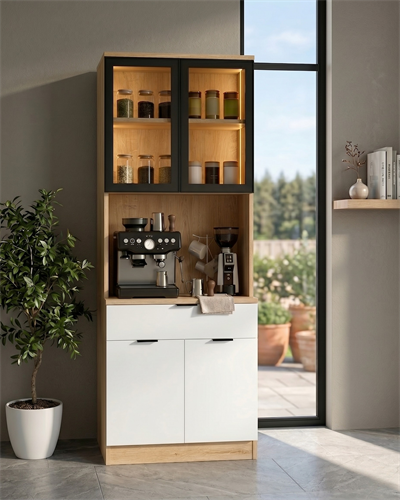 Dream Premium Minimal Kahve İstasyonu - Safir Meşe Temperli Camlı LED Modül