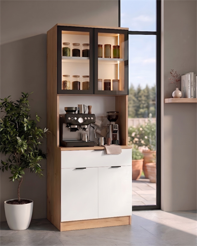 Dream Premium Minimal Kahve İstasyonu - Safir Meşe Temperli Camlı LED Modül
