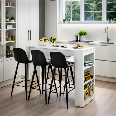 Karakök Misterium Solo Modern Ada Mutfak Masası Raflı Yemek Masası - Beyaz