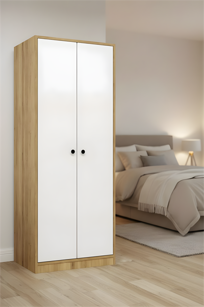 Moderno 2 Kapaklı 5 Raflı Askılıklı Gardırop - Safir Meşe Modüler Elbise Dolabı