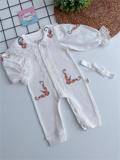 Kibar kanaviçe nakışlı tulum set - Ekru