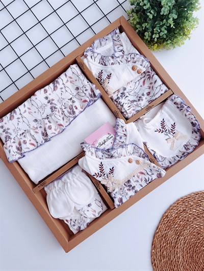 Lavanta nakışlı müslin 10parça tam set hastane çıkışı
