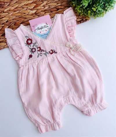 Nakışlı müslin şık tulum - Pembe