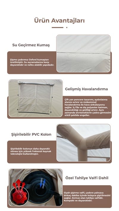 HABL 12 Kişilik 12X 12 m² - Tenteli Gölgelikli, 4 Mevsim, Su Geçirmez Şişme Çadır 400x300x235 cm