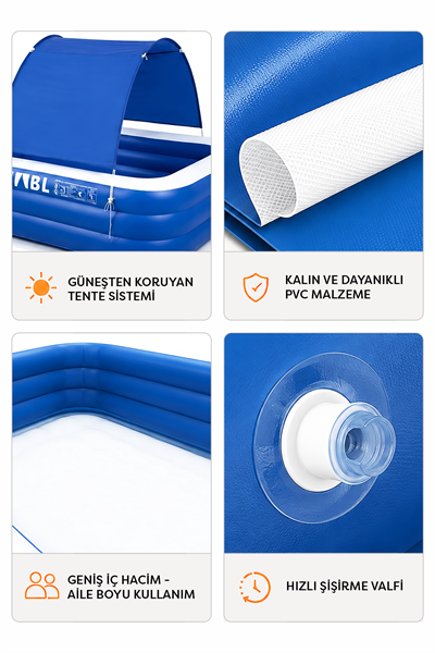 HABL 3 Boğumlu Tenteli Şişme Havuz XXL 300x183x56 cm 1850 L Güneş Korumalı Aile Havuzu