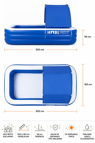 HABL 3 Boğumlu Tenteli Şişme Havuz XXL 300x183x56 cm 1850 L Güneş Korumalı Aile Havuzu
