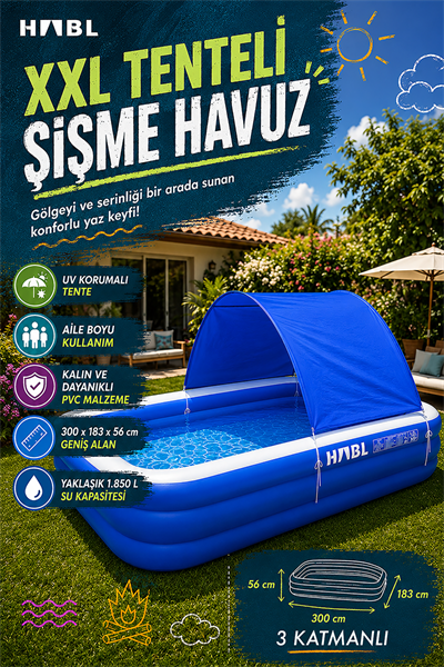 HABL 3 Boğumlu Tenteli Şişme Havuz XXL 300x183x56 cm 1850 L Güneş Korumalı Aile Havuzu
