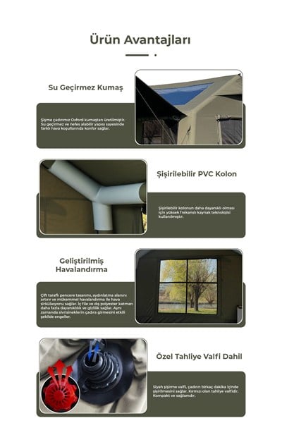 HABL 8 Kişilik 8.1 m² - Tenteli Gölgelikli, 4 Mevsim, Su Geçirmez Şişme Çadır 300x270x220 cm