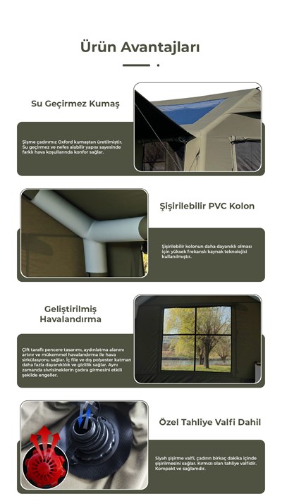 HABL 8 Kişilik 8.1 m² - Tenteli Gölgelikli, 4 Mevsim, Su Geçirmez Şişme Çadır 300x270x220 cm