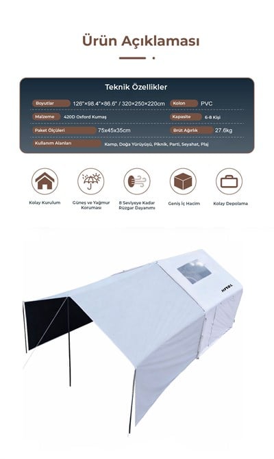 HABL 8 Kişilik 8 m² - Tenteli Gölgelikli, 4 Mevsim, Su Geçirmez Şişme Çadır 320x250x220 cm