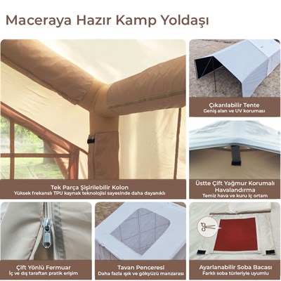 HABL 8 Kişilik 8 m² - Tenteli Gölgelikli, 4 Mevsim, Su Geçirmez Şişme Çadır 320x250x220 cm