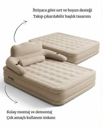 HABL Çift Kişilik Otomatik Şişme Yatak Çıkarılabilir Başlıklı Kamp ve Misafir Yatağı 203x152x40cm