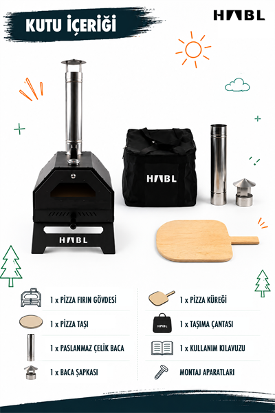 HABL Portatif Pizza Fırını Odun ve Kömürlü Taşıma Çantalı Pizza Taşı Dahil Kamp Tipi Fırın