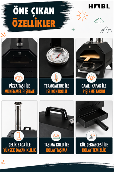 HABL Portatif Pizza Fırını Odun ve Kömürlü Taşıma Çantalı Pizza Taşı Dahil Kamp Tipi Fırın