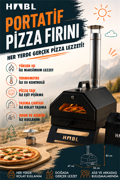 HABL Portatif Pizza Fırını Odun ve Kömürlü Taşıma Çantalı Pizza Taşı Dahil Kamp Tipi Fırın