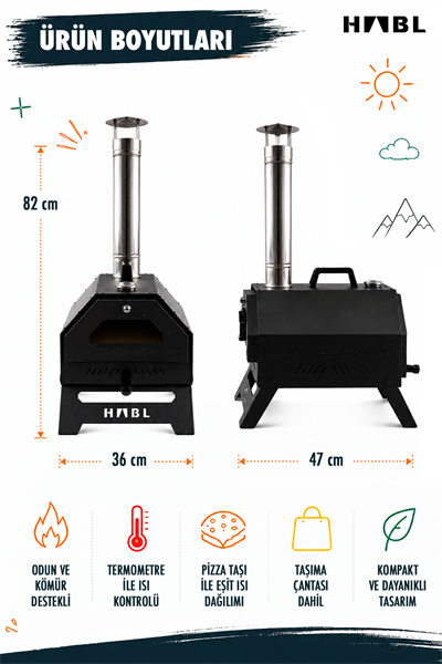HABL Portatif Pizza Fırını Odun ve Kömürlü Taşıma Çantalı Pizza Taşı Dahil Kamp Tipi Fırın