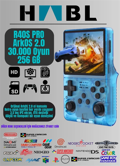 Habl R40S Pro Taşınabilir Retro Oyun Konsolu - 30.000 Oyun - ArkOs 2.0 - 256GB Mavi