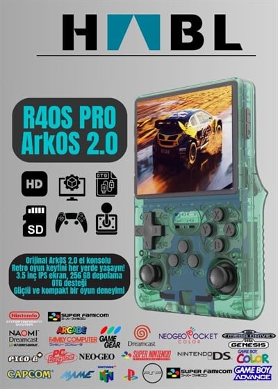Habl R40S Pro Taşınabilir Retro Oyun Konsolu - 30.000 Oyun - ArkOs 2.0 - 256GB Yeşil