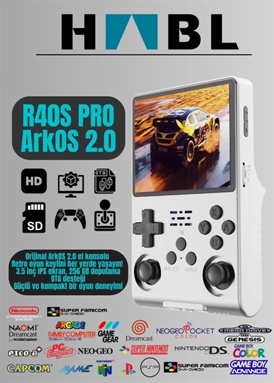 Habl R40S Pro Taşınabilir Retro Oyun Konsolu - 30.000 Oyun - ArkOs 2.0 - 256GB Beyaz