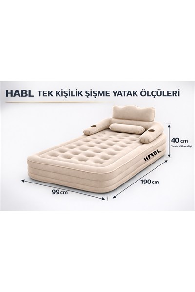 HABL Tek Kişilik Otomatik Şişme Yatak Çıkarılabilir Başlıklı Kamp ve Misafir Yatağı 190x99x40cm