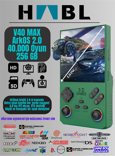 Habl V40 Max Arkos 2.0 +40.000 Oyunlu El Konsolu 256 GB Taşınabilir Retro Oyun Konsolu Yeşil