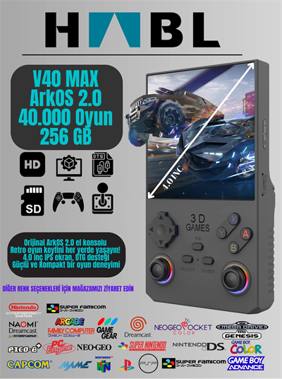 Habl V40 Max Arkos 2.0 +40.000 Oyunlu El Konsolu 256 GB Taşınabilir Retro Oyun Konsolu Siyah