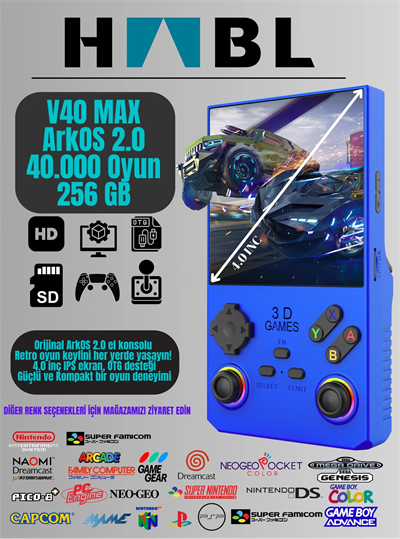 Habl V40 Max Arkos 2.0 +40.000 Oyunlu El Konsolu 256 GB Taşınabilir Retro Oyun Konsolu Mavi