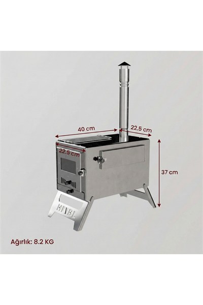 Krom Kuzineli Çadır Sobası - Kül Hazneli | 430 Krom, 1.50 mm Sac, Kamp ve Outdoor Soba Seti | Kamp Sobası