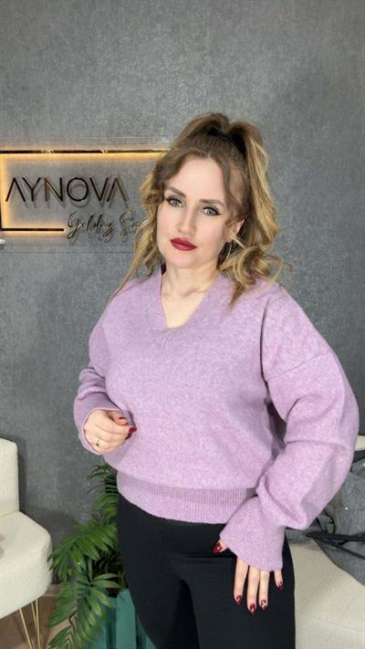 V Yaka Pullu Bluz Işıltılı Detaylar