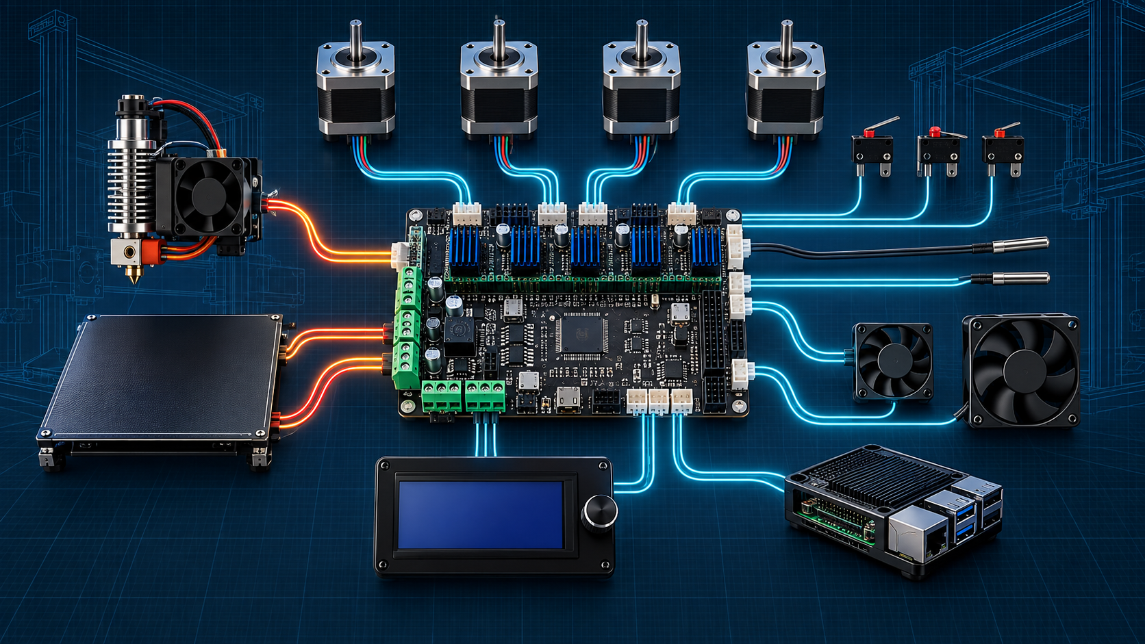 3D yazıcı ana kontrol kartının motor, ısıtıcı, tabla, sensör, fan, ekran ve bilgisayarla bağlantısı