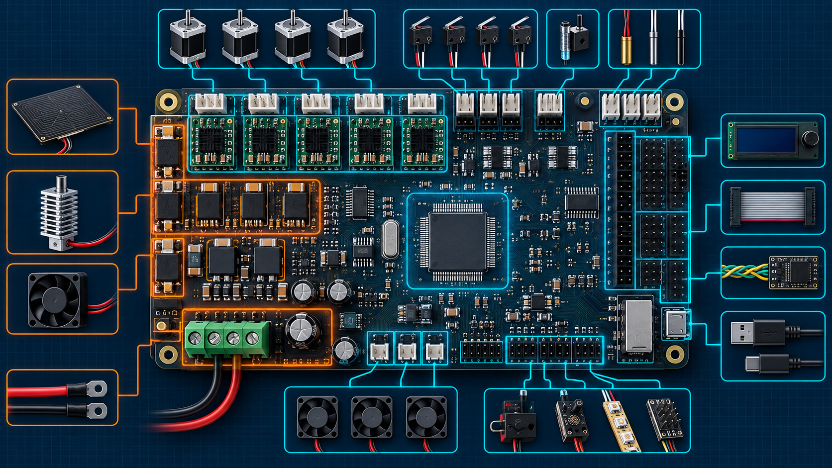 3D yazıcı kontrol kartındaki motor, sürücü, ısıtıcı, fan, sensör, ekran ve haberleşme bağlantılarının anatomisi