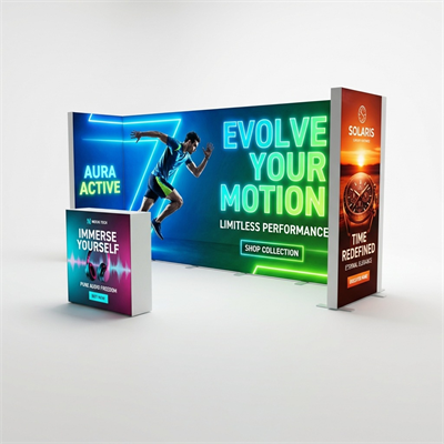 15 m² Modüler Lightbox Fuar Standı 3 Cephe Yarım Kapalı 500×300 cm - Ön Cephe Görünümü