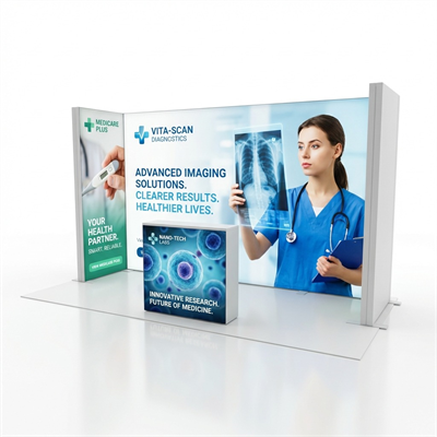 8 m² Modüler Lightbox Fuar Standı 3 Cephe Yarım Kapalı 400×200 cm - Perspektif Görünüm