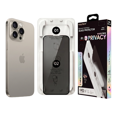 Fulltech MagicBox iPhone 15 Pro Max Premium Tempered Glass Aparatlı Ekran Koruyucu - Privacy