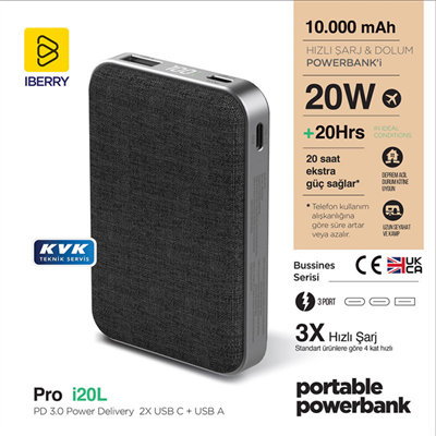 iBerry İ20L 10.000 mAh 20W Çıkışlı Powerbank - Siyah