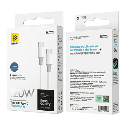 iBerry LB205ET 120W Type-C To Type-C Buzz Serisi Şarj Kablosu - Beyaz