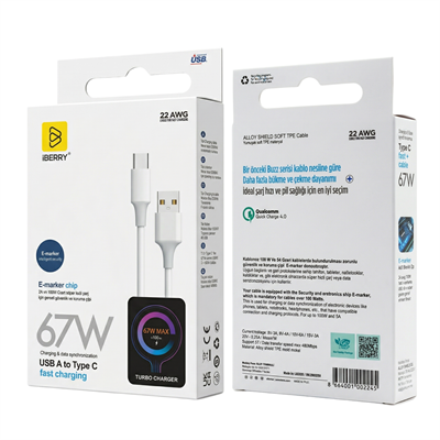 iBerry LB205XE 67W Usb-A To Type-C Buzz Serisi Şarj Kablosu - Beyaz