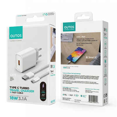 Outtos C10S-W 18W Şarj Cihazı + USB/Type-C Şarj Kablosu - Beyaz