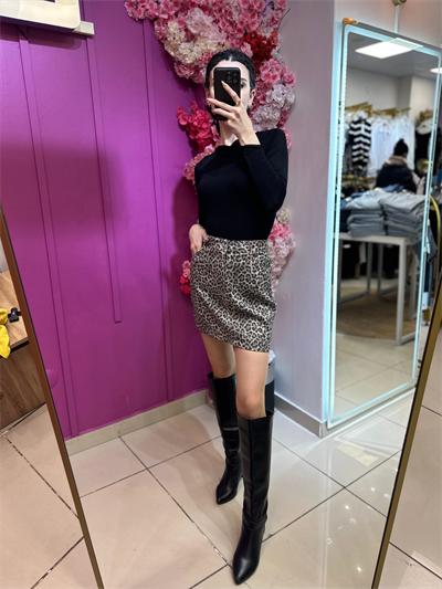 Açık Leopar Denim Etek