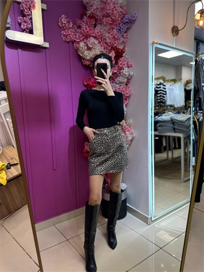 Açık Leopar Denim Etek